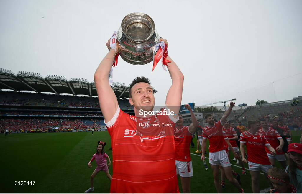 11 May 2025; Tommy Durnin of Louth celebrates with the Delaney Cup after the Leinster GAA Football Senior Championship final match between Louth and Meath at Croke Park in Dublin. Photo by Ramsey Cardy/Sportsfile