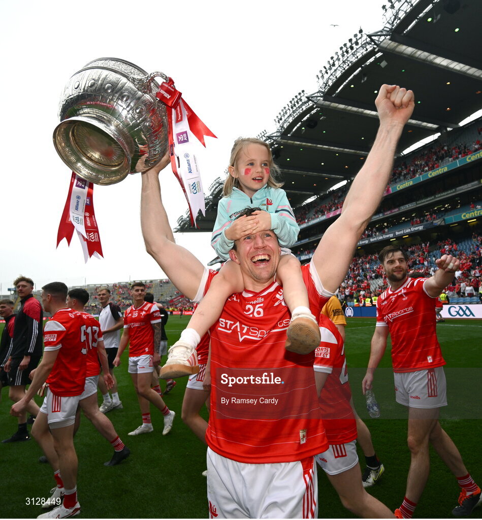 11 May 2025; Bevan Duffy of Louth with his daughter Lydia, age 5, after the Leinster GAA Football Senior Championship final match between Louth and Meath at Croke Park in Dublin. Photo by Ramsey Cardy/Sportsfile