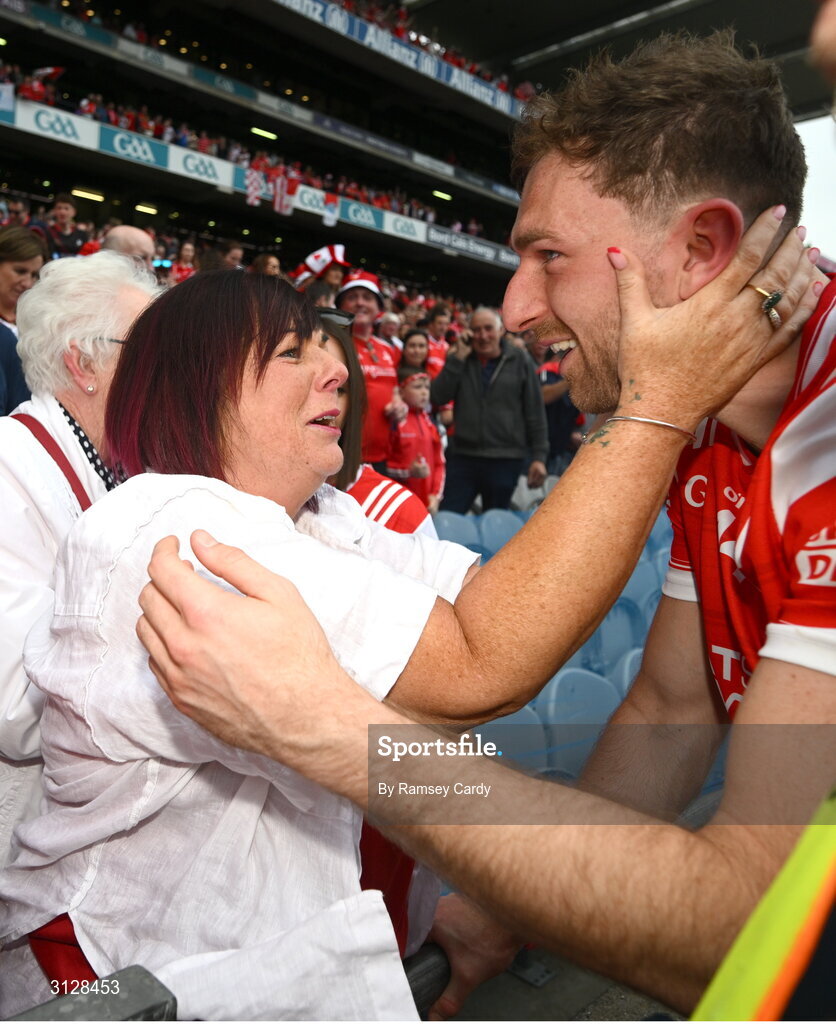 11 May 2025; Sam Mulroy of Louth with his mum Bernie after the Leinster GAA Football Senior Championship final match between Louth and Meath at Croke Park in Dublin. Photo by Ramsey Cardy/Sportsfile