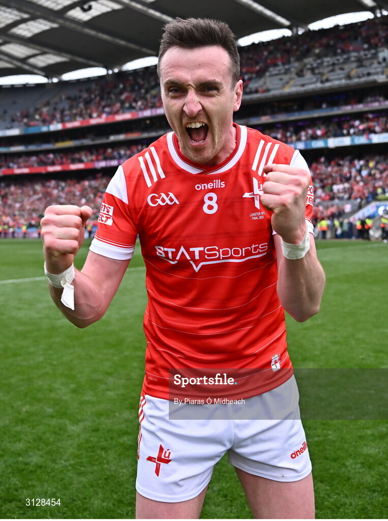 11 May 2025; Tommy Durnin of Louth celebrates after his side's victory in the Leinster GAA Football Senior Championship final match between Louth and Meath at Croke Park in Dublin. Photo by Piaras Ó Mídheach/Sportsfile