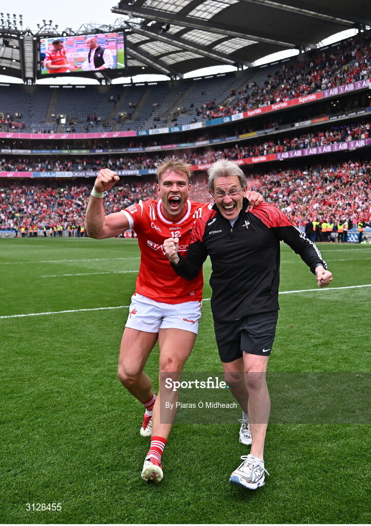 11 May 2025; Conor Grimes of Louth and selector Niall Moyna celebrate after their side's victory in the Leinster GAA Football Senior Championship final match between Louth and Meath at Croke Park in Dublin. Photo by Piaras Ó Mídheach/Sportsfile