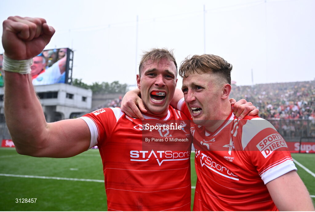11 May 2025; Louth players Conor Grimes, left, and Ryan Burns celebrate after their side's victory in the Leinster GAA Football Senior Championship final match between Louth and Meath at Croke Park in Dublin. Photo by Piaras Ó Mídheach/Sportsfile