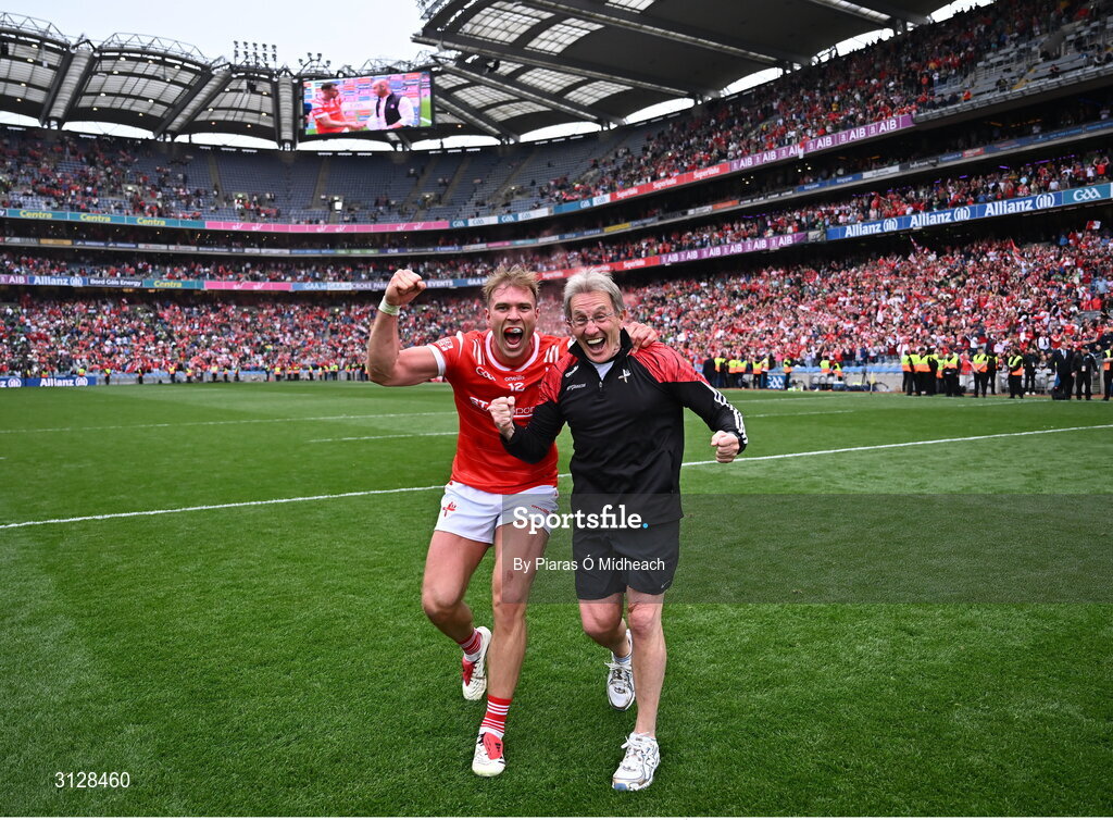 11 May 2025; Conor Grimes of Louth and selector Niall Moyna celebrate after their side's victory in the Leinster GAA Football Senior Championship final match between Louth and Meath at Croke Park in Dublin. Photo by Piaras Ó Mídheach/Sportsfile