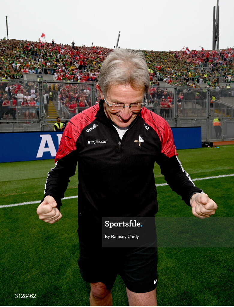 11 May 2025; Louth selector Niall Moyna celebrates after the Leinster GAA Football Senior Championship final match between Louth and Meath at Croke Park in Dublin. Photo by Ramsey Cardy/Sportsfile