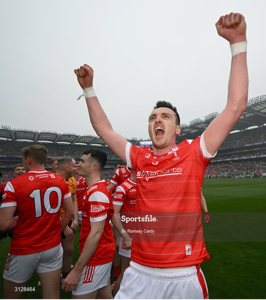 11 May 2025; Tommy Durnin of Louth celebrates after the Leinster GAA Football Senior Championship final match between Louth and Meath at Croke Park in Dublin. Photo by Ramsey Cardy/Sportsfile