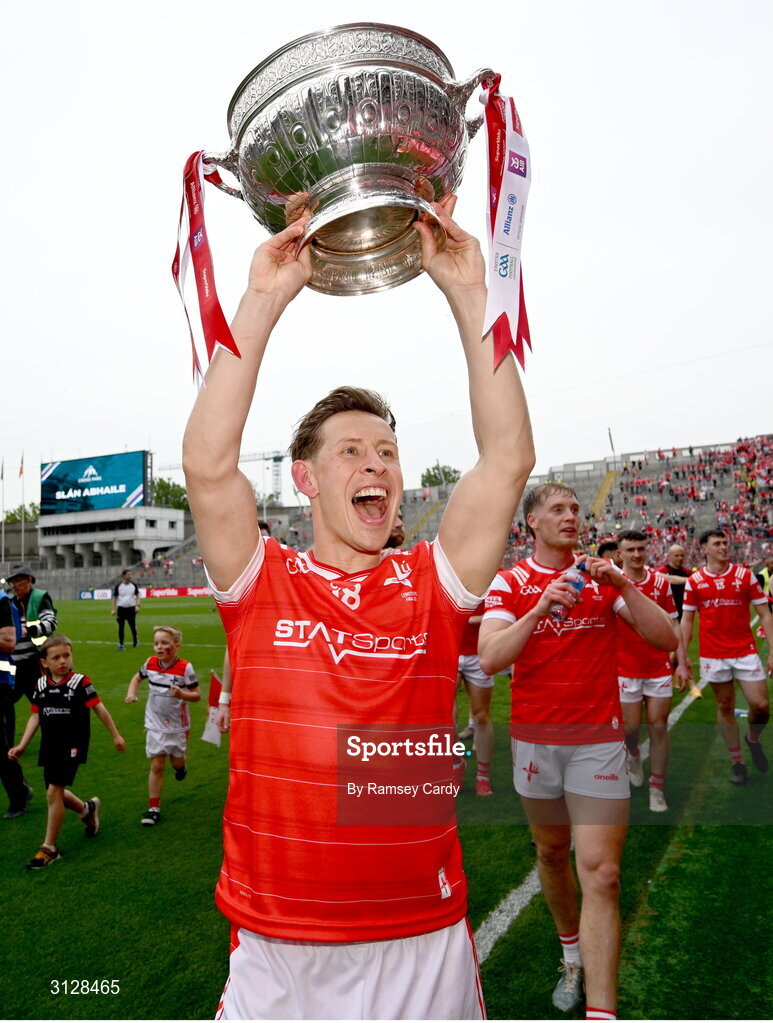 11 May 2025; Anthony Williams of Louth with the Delaney Cup after the Leinster GAA Football Senior Championship final match between Louth and Meath at Croke Park in Dublin. Photo by Ramsey Cardy/Sportsfile