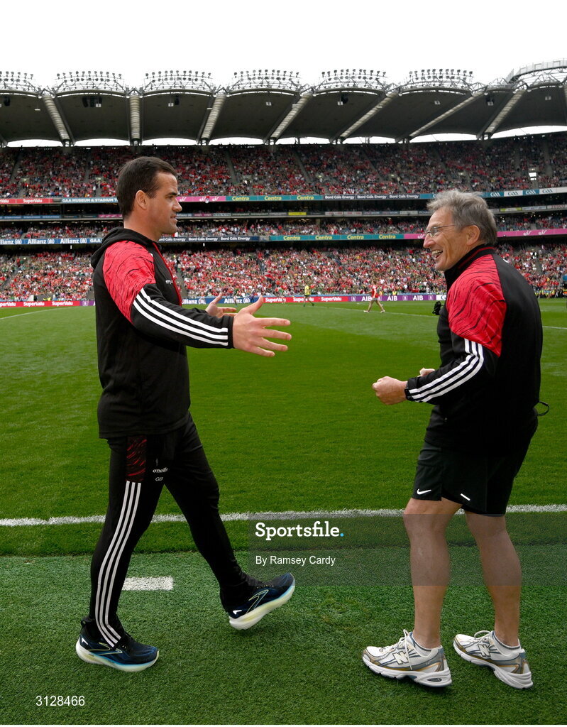11 May 2025; Louth manager Ger Brennan, left, and selector Niall Moyna celebrate at the final whistle of the Leinster GAA Football Senior Championship final match between Louth and Meath at Croke Park in Dublin. Photo by Ramsey Cardy/Sportsfile