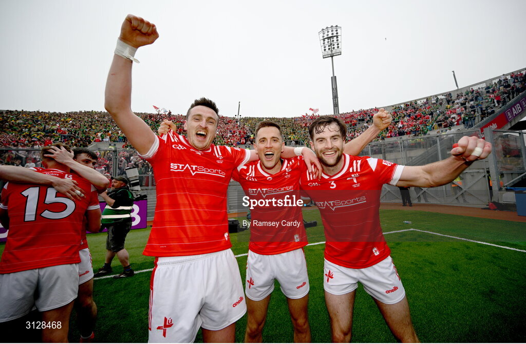 11 May 2025; Louth players, from left, Tommy Durnin, Andy McDonnell and Dermot Campbell after the Leinster GAA Football Senior Championship final match between Louth and Meath at Croke Park in Dublin. Photo by Ramsey Cardy/Sportsfile