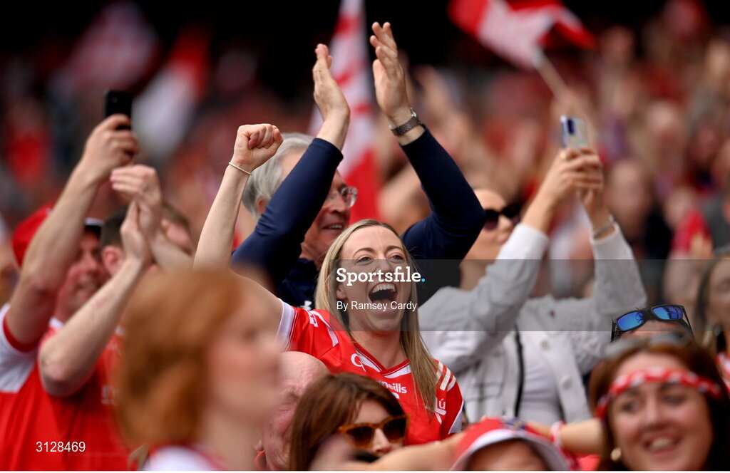 11 May 2025; Louth supporters celebrate during the Leinster GAA Football Senior Championship final match between Louth and Meath at Croke Park in Dublin. Photo by Ramsey Cardy/Sportsfile