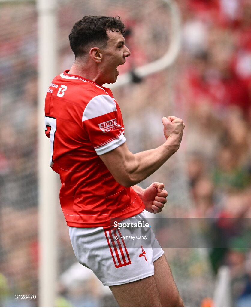 11 May 2025; Craig Lennon of Louth celebrates kicking a late point during the Leinster GAA Football Senior Championship final match between Louth and Meath at Croke Park in Dublin. Photo by Ramsey Cardy/Sportsfile