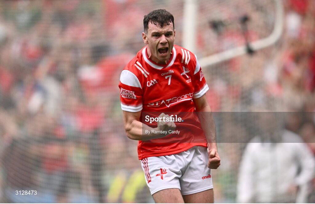 11 May 2025; Craig Lennon of Louth celebrates kicking a late point during the Leinster GAA Football Senior Championship final match between Louth and Meath at Croke Park in Dublin. Photo by Ramsey Cardy/Sportsfile