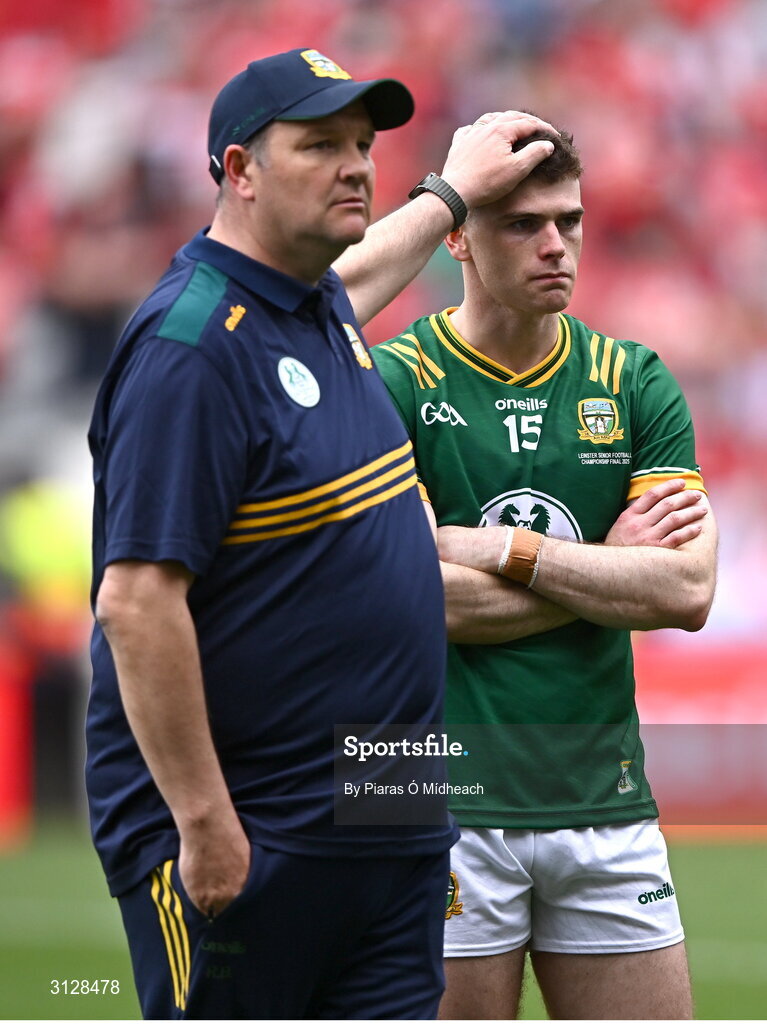 11 May 2025; Meath manager Robbie Brennnan and Meath captain Eoghan Frayne after their side's defeat in the Leinster GAA Football Senior Championship final match between Louth and Meath at Croke Park in Dublin. Photo by Piaras Ó Mídheach/Sportsfile