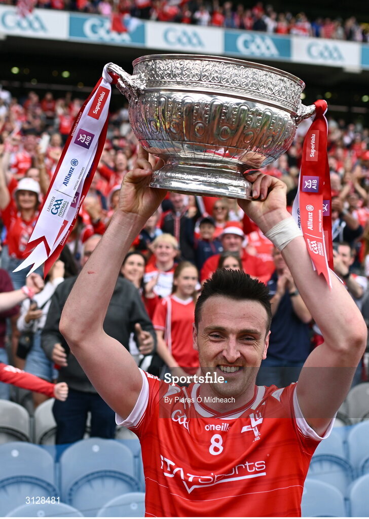 11 May 2025; Tommy Durnin of Louth celebrates with the Delaney Cup after their side's victory in the Leinster GAA Football Senior Championship final match between Louth and Meath at Croke Park in Dublin. Photo by Piaras Ó Mídheach/Sportsfile