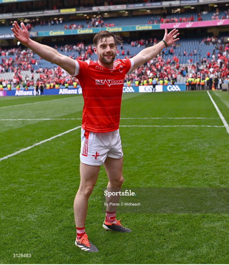 11 May 2025; Dermot Campbell of Louth celebrates after his side's victory in the Leinster GAA Football Senior Championship final match between Louth and Meath at Croke Park in Dublin. Photo by Piaras Ó Mídheach/Sportsfile
