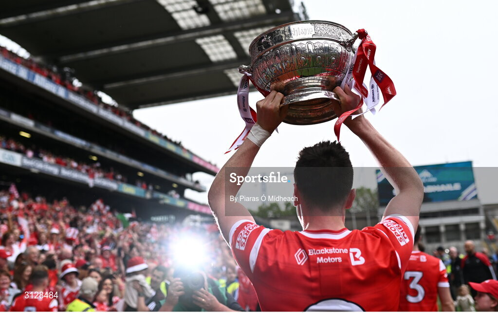 11 May 2025; Tommy Durnin of Louth celebrates with the Delaney Cup after their side's victory in the Leinster GAA Football Senior Championship final match between Louth and Meath at Croke Park in Dublin. Photo by Piaras Ó Mídheach/Sportsfile