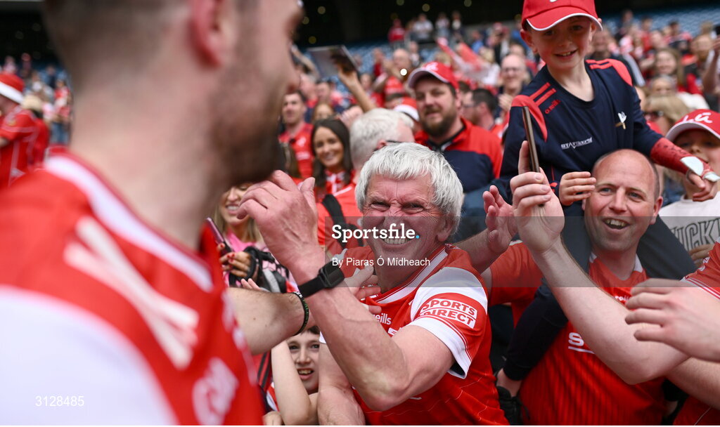 11 May 2025; Louth supporters celebrate after their side's victory in the Leinster GAA Football Senior Championship final match between Louth and Meath at Croke Park in Dublin. Photo by Piaras Ó Mídheach/Sportsfile