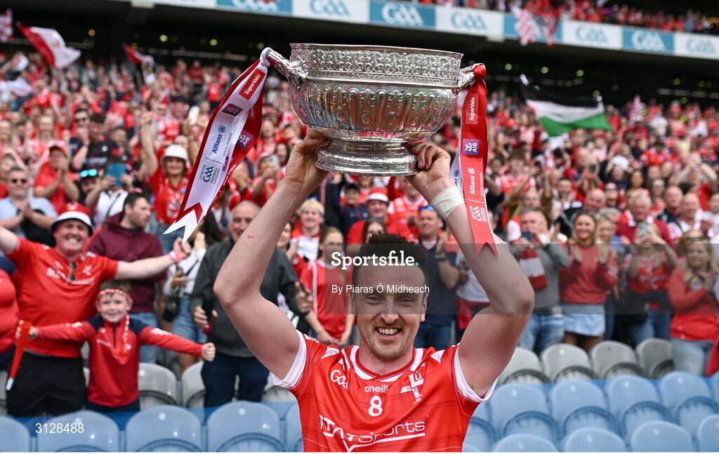 11 May 2025; Tommy Durnin of Louth celebrates with the Delaney Cup after their side's victory in the Leinster GAA Football Senior Championship final match between Louth and Meath at Croke Park in Dublin. Photo by Piaras Ó Mídheach/Sportsfile
