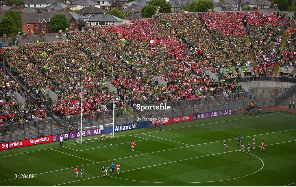 11 May 2025; Sam Mulroy of Louth scores his side's first goal, a penalty, past Meath goalkeeper Billy Hogan during the Leinster GAA Football Senior Championship final match between Louth and Meath at Croke Park in Dublin. Photo by Ramsey Cardy/Sportsfile
