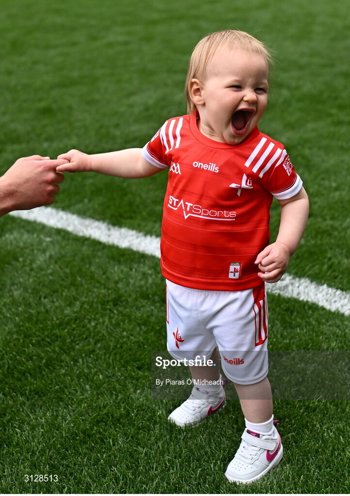 11 May 2025; Izzy Grimes, aged one, daughter of Louth footballer Conor Grimes after the Leinster GAA Football Senior Championship final match between Louth and Meath at Croke Park in Dublin. Photo by Piaras Ó Mídheach/Sportsfile