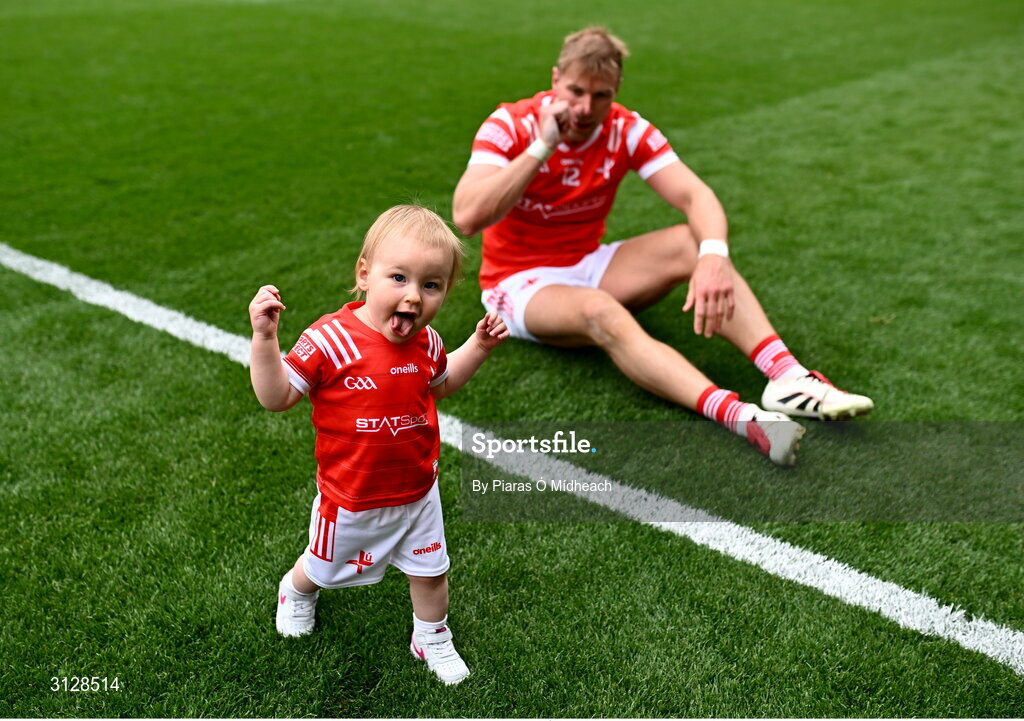 11 May 2025; Izzy Grimes, aged one, with her father Louth footballer Conor Grimes after the Leinster GAA Football Senior Championship final match between Louth and Meath at Croke Park in Dublin. Photo by Piaras Ó Mídheach/Sportsfile