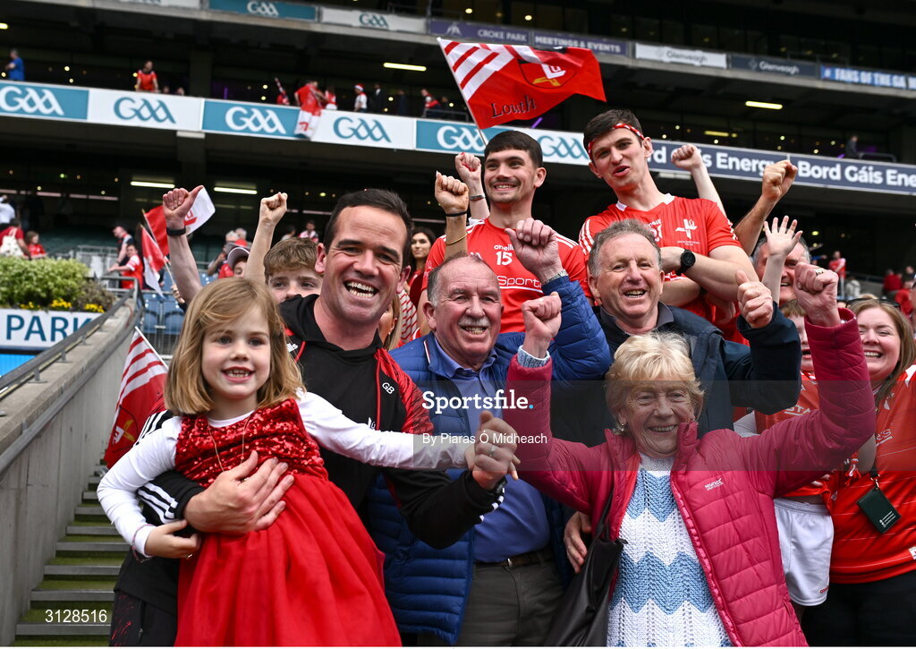 11 May 2025; Louth manager Ger Brennan celebrates with family after the Leinster GAA Football Senior Championship final match between Louth and Meath at Croke Park in Dublin. Photo by Piaras Ó Mídheach/Sportsfile