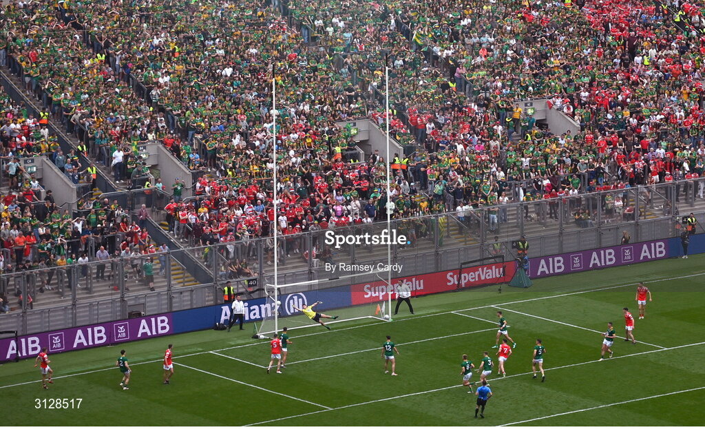 11 May 2025; Craig Lennon of Louth, 7, scores his side's third goal past Meath goalkeeper Billy Hogan during the Leinster GAA Football Senior Championship final match between Louth and Meath at Croke Park in Dublin. Photo by Ramsey Cardy/Sportsfile