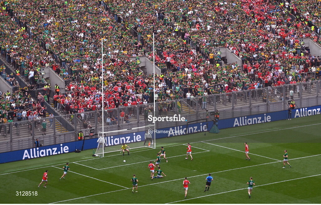 11 May 2025; Ryan Burns of Louth, 15, celebrates after scoring his side's second goal during the Leinster GAA Football Senior Championship final match between Louth and Meath at Croke Park in Dublin. Photo by Ramsey Cardy/Sportsfile