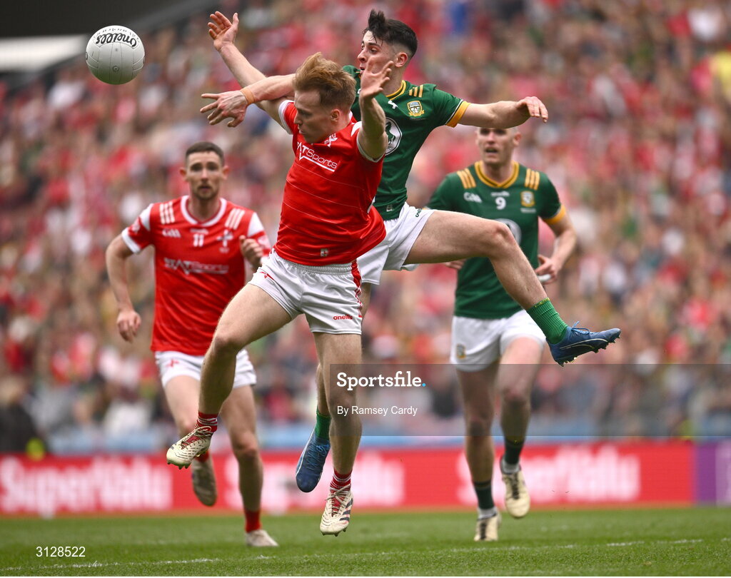 11 May 2025; Brian O'Halloran of Meath and Ciarán Keenan of Louth during the Leinster GAA Football Senior Championship final match between Louth and Meath at Croke Park in Dublin. Photo by Ramsey Cardy/Sportsfile