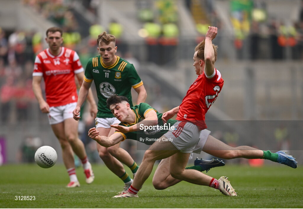 11 May 2025; Brian O'Halloran of Meath and Ciarán Keenan of Louth during the Leinster GAA Football Senior Championship final match between Louth and Meath at Croke Park in Dublin. Photo by Ramsey Cardy/Sportsfile