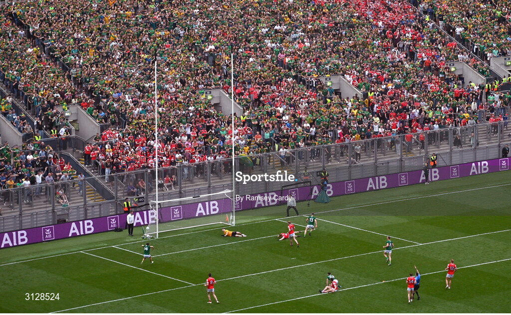 11 May 2025; Mathew Costello of Meath scores his side's first goal past Louth goalkeeper Niall McDonnell during the Leinster GAA Football Senior Championship final match between Louth and Meath at Croke Park in Dublin. Photo by Ramsey Cardy/Sportsfile