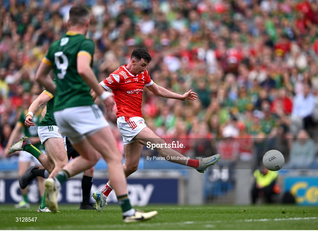 11 May 2025; Craig Lennon of Louth scores his side's third goal during the Leinster GAA Football Senior Championship final match between Louth and Meath at Croke Park in Dublin. Photo by Piaras Ó Mídheach/Sportsfile