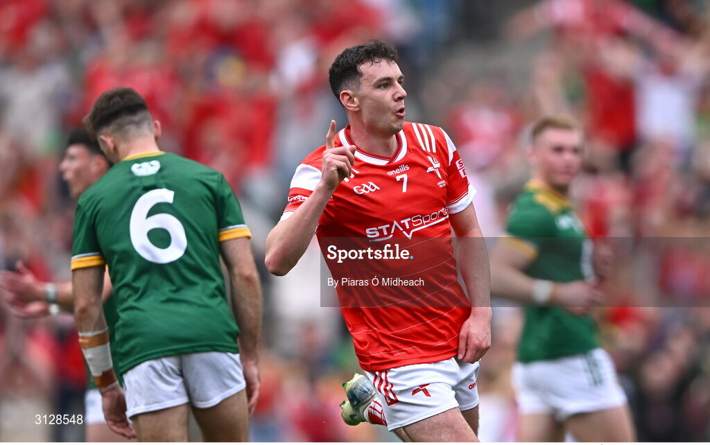 11 May 2025; Craig Lennon of Louth celebrates after scoring his side's third goal during the Leinster GAA Football Senior Championship final match between Louth and Meath at Croke Park in Dublin. Photo by Piaras Ó Mídheach/Sportsfile