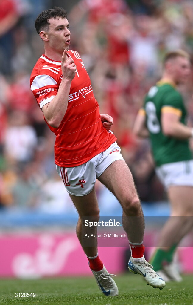 11 May 2025; Craig Lennon of Louth celebrates after scoring his side's third goal during the Leinster GAA Football Senior Championship final match between Louth and Meath at Croke Park in Dublin. Photo by Piaras Ó Mídheach/Sportsfile