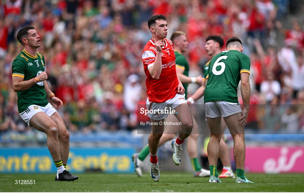 11 May 2025; Craig Lennon of Louth celebrates after scoring his side's third goal during the Leinster GAA Football Senior Championship final match between Louth and Meath at Croke Park in Dublin. Photo by Piaras Ó Mídheach/Sportsfile