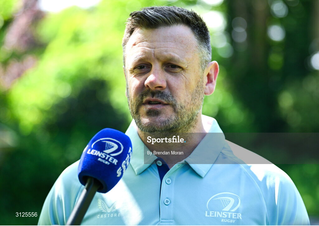 15 May 2025; New Leinster Rugby women's head coach Ben Martin is interviewed by Leinster TV at Leinster Rugby HQ in Dublin. Photo by Brendan Moran/Sportsfile