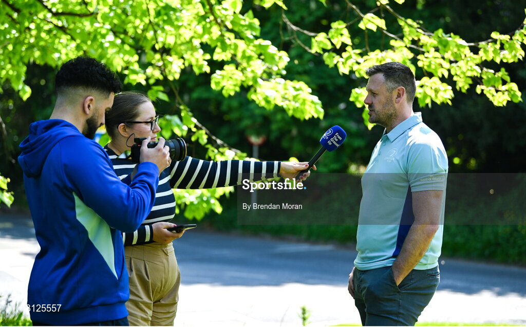 15 May 2025; New Leinster Rugby women's head coach Ben Martin is interviewed by Leinster TV at Leinster Rugby HQ in Dublin. Photo by Brendan Moran/Sportsfile