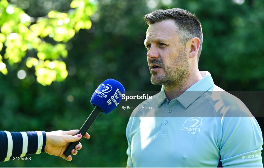 15 May 2025; New Leinster Rugby women's head coach Ben Martin is interviewed by Leinster TV at Leinster Rugby HQ in Dublin. Photo by Brendan Moran/Sportsfile