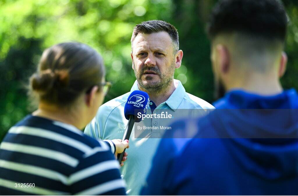 15 May 2025; New Leinster Rugby women's head coach Ben Martin is interviewed by Leinster TV at Leinster Rugby HQ in Dublin. Photo by Brendan Moran/Sportsfile