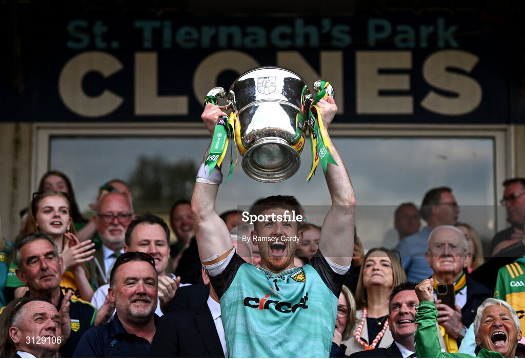 10 May 2025; Donegal goalkeeper Shaun Patton lifts the Anglo-Celt Cup after the Ulster GAA Football Senior Championship final match between Armagh and Donegal at St Tiernach's Park in Clones, Monaghan. Photo by Ramsey Cardy/Sportsfile