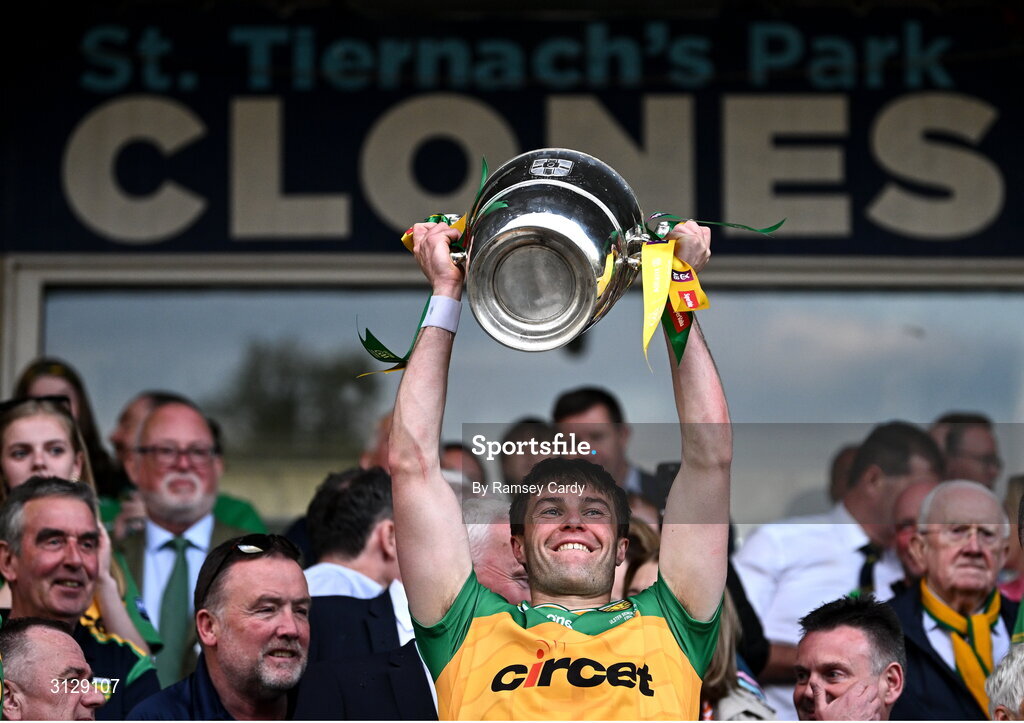 10 May 2025; Conor O'Donnell of Donegal lifts the Anglo-Celt Cup after the Ulster GAA Football Senior Championship final match between Armagh and Donegal at St Tiernach's Park in Clones, Monaghan. Photo by Ramsey Cardy/Sportsfile