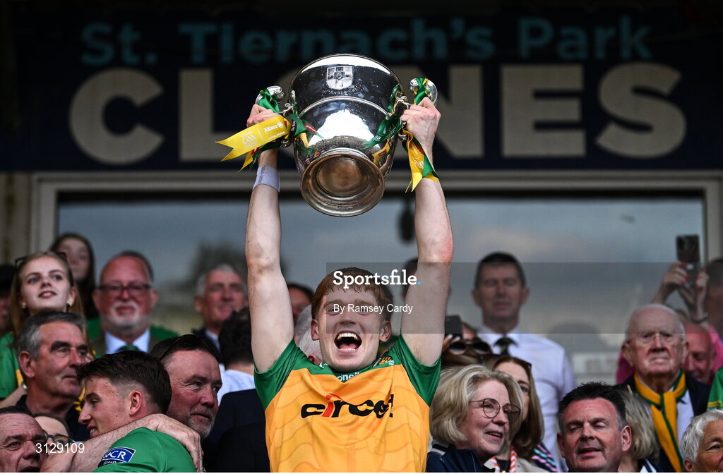 10 May 2025; Ciaran Moore of Donegal lifts the Anglo-Celt Cup after the Ulster GAA Football Senior Championship final match between Armagh and Donegal at St Tiernach's Park in Clones, Monaghan. Photo by Ramsey Cardy/Sportsfile