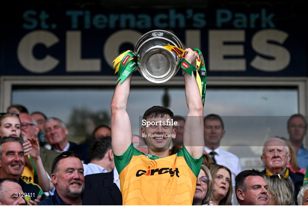 10 May 2025; Michael Langan of Donegal lifts the Anglo-Celt Cup after the Ulster GAA Football Senior Championship final match between Armagh and Donegal at St Tiernach's Park in Clones, Monaghan. Photo by Ramsey Cardy/Sportsfile