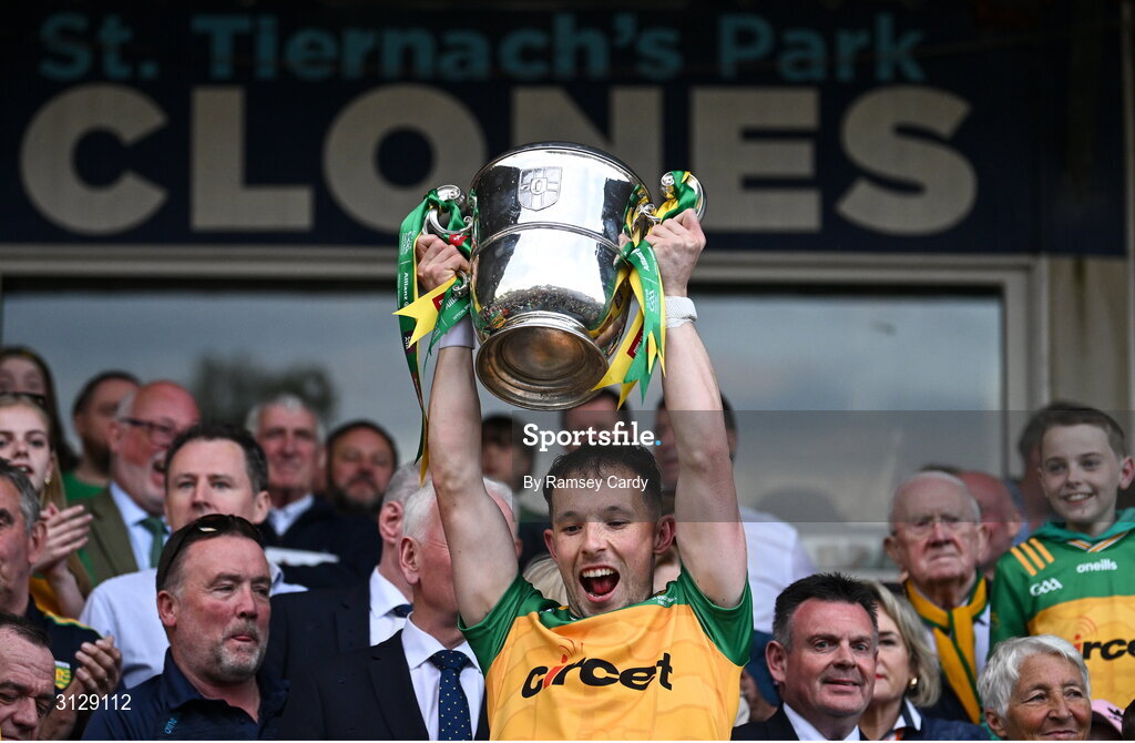 10 May 2025; Aaron Doherty of Donegal lifts the Anglo-Celt Cup after the Ulster GAA Football Senior Championship final match between Armagh and Donegal at St Tiernach's Park in Clones, Monaghan. Photo by Ramsey Cardy/Sportsfile