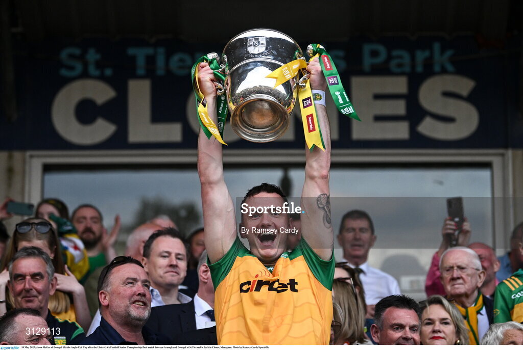 10 May 2025; Jason McGee of Donegal lifts the Anglo-Celt Cup after the Ulster GAA Football Senior Championship final match between Armagh and Donegal at St Tiernach's Park in Clones, Monaghan. Photo by Ramsey Cardy/Sportsfile