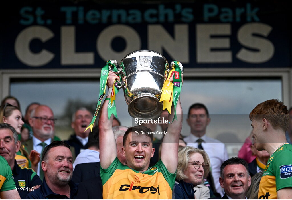 10 May 2025; Peadar Mogan of Donegal lifts the Anglo-Celt Cup after the Ulster GAA Football Senior Championship final match between Armagh and Donegal at St Tiernach's Park in Clones, Monaghan. Photo by Ramsey Cardy/Sportsfile