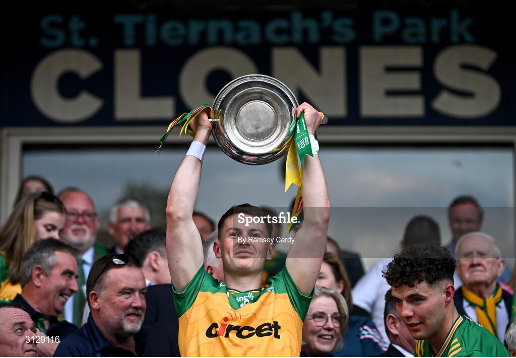 10 May 2025; Mark Curran of Donegal lifts the Anglo-Celt Cup after the Ulster GAA Football Senior Championship final match between Armagh and Donegal at St Tiernach's Park in Clones, Monaghan. Photo by Ramsey Cardy/Sportsfile