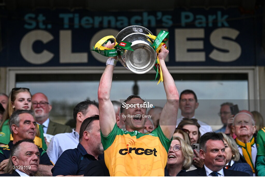 10 May 2025; Ciaran Thompson of Donegal lifts the Anglo-Celt Cup after the Ulster GAA Football Senior Championship final match between Armagh and Donegal at St Tiernach's Park in Clones, Monaghan. Photo by Ramsey Cardy/Sportsfile