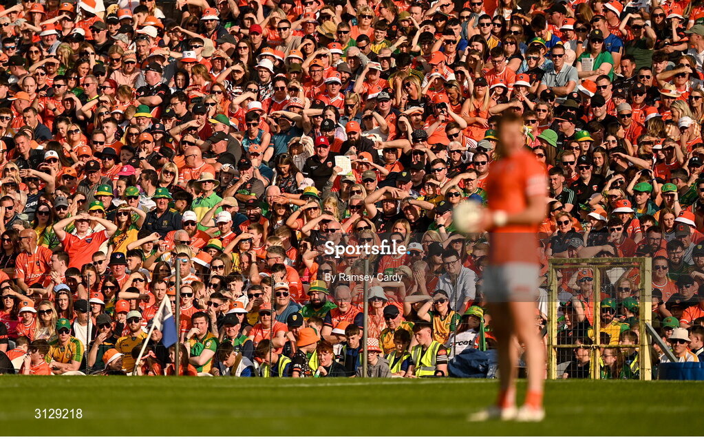 10 May 2025; Supporters watch on during the Ulster GAA Football Senior Championship final match between Armagh and Donegal at St Tiernach's Park in Clones, Monaghan. Photo by Ramsey Cardy/Sportsfile