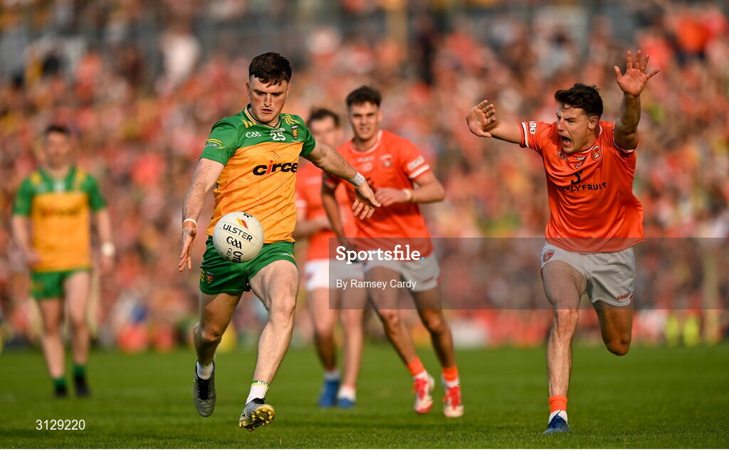 10 May 2025; Niall O'Donnell of Donegal in action against Niall Grimley of Armagh during the Ulster GAA Football Senior Championship final match between Armagh and Donegal at St Tiernach's Park in Clones, Monaghan. Photo by Ramsey Cardy/Sportsfile