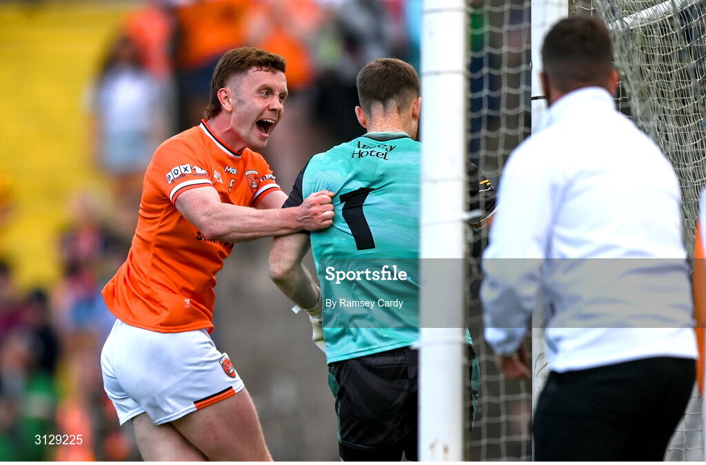 10 May 2025; Ross McQuillan of Armagh taunts Donegal goalkeeper Shaun Patton during the Ulster GAA Football Senior Championship final match between Armagh and Donegal at St Tiernach's Park in Clones, Monaghan. Photo by Ramsey Cardy/Sportsfile